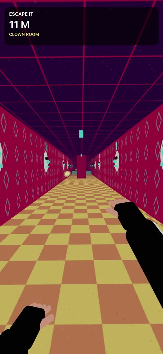 An enclosed red circus-themed corridor with clown faces on the walls