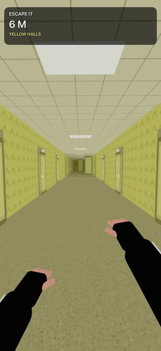 Yellow wallpaper and fluorescent lights in an enclosed Backrooms corridor